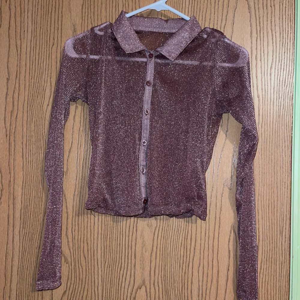Sheer sparkly long-sleeve button-down shirt with cami